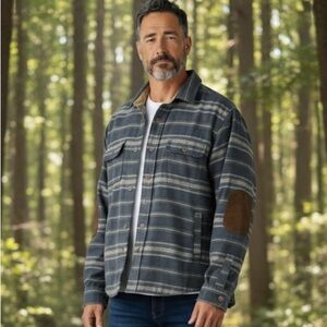 Faherty Wool Blend Flannel Shirt Jacket Gray Striped Brown Elbow Patches Medium